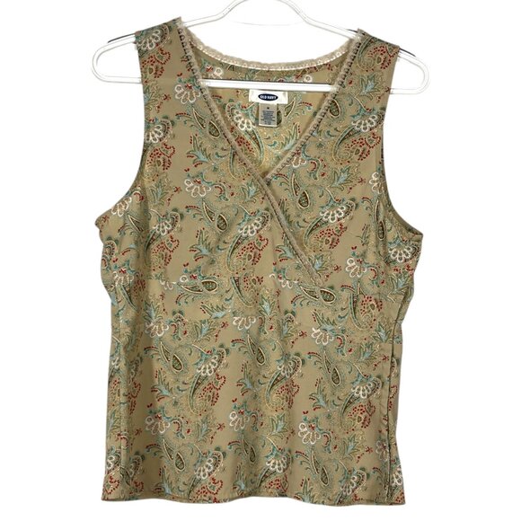 Old Navy Womens Y2K Sleeveless Top Size M Tan Paisley Bohemian Cottagecore Boho - Picture 2 of 7